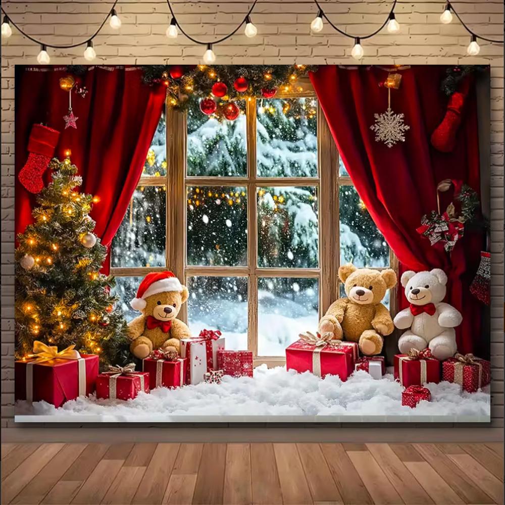 Christmas Winter Background Vintage fireplace Party Decoration Children's Photo Studio Supplies Xmas Tree Lanterns Snowy Scenery