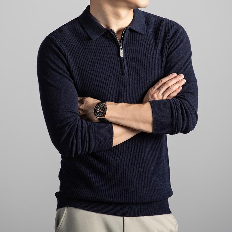 Men's 100% Wool Zipper Lapel Sweater - Korean Style Knit Pullover