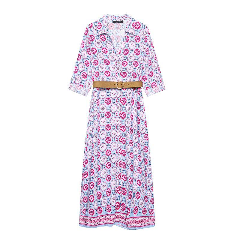 Kaslead New Women Clothes Western Style Fashion With Belt Print Midi Dress 3076673
