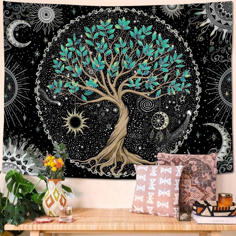 Tree Of Life Tapestry Green Wall Art For Bedroom Spiritual Aesthetic Sun And Moon Tapestries Wall Hanging Decor (60''×44'')