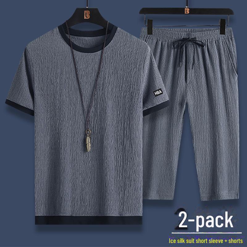 

Мужской летний повседневный спортивный костюм: Комплект из двух предметов: футболка с короткими рукавами и шорты Ice Silk. L