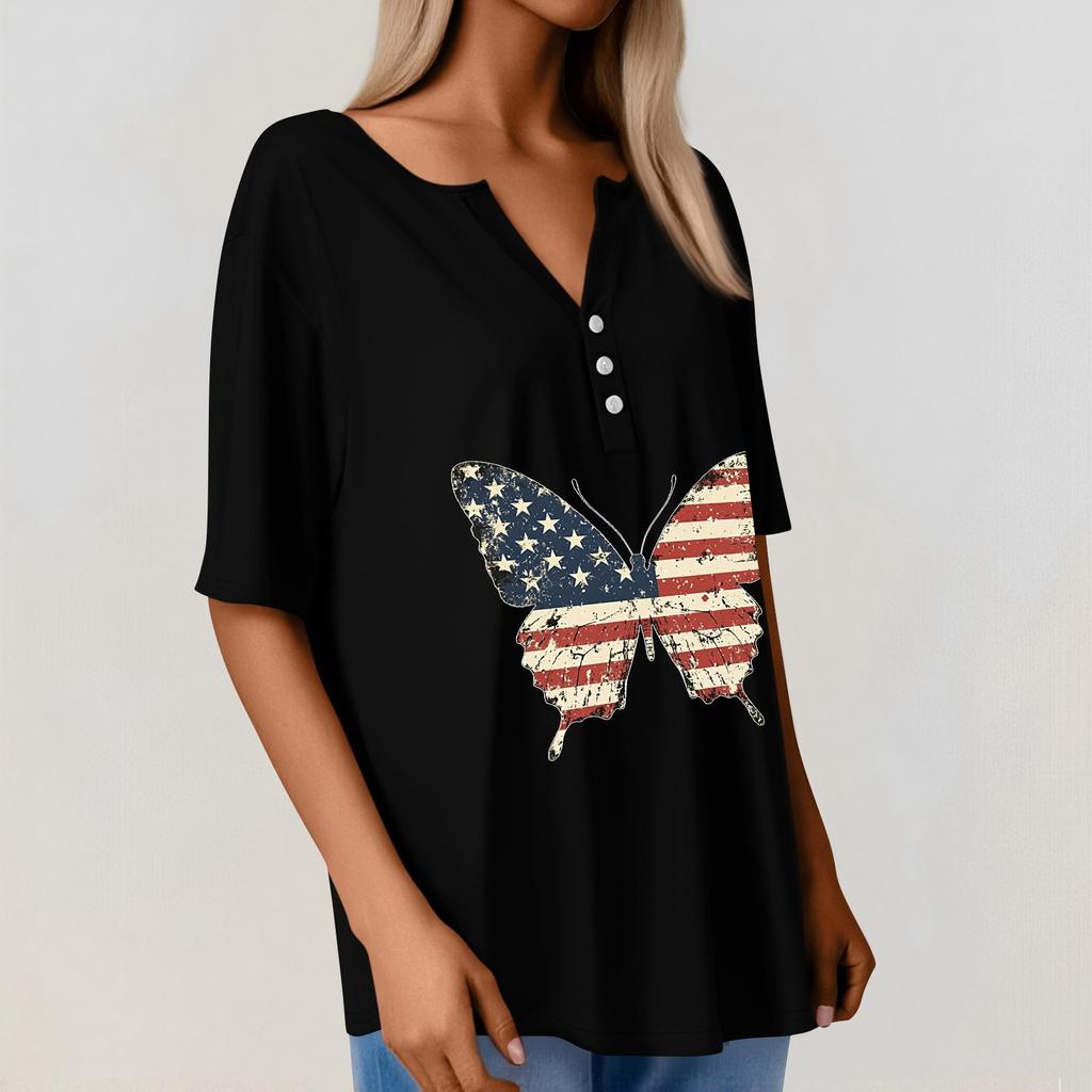 Women's T Shirt Tee Independence Day Print Button Short Sleeve Daily Weekend Fashion Basic V-Neck Regular Top