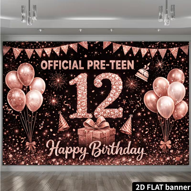 2D Rose Gold 12th Happy Birthday Backdrop Banner Official Pre-Teen Photography Background