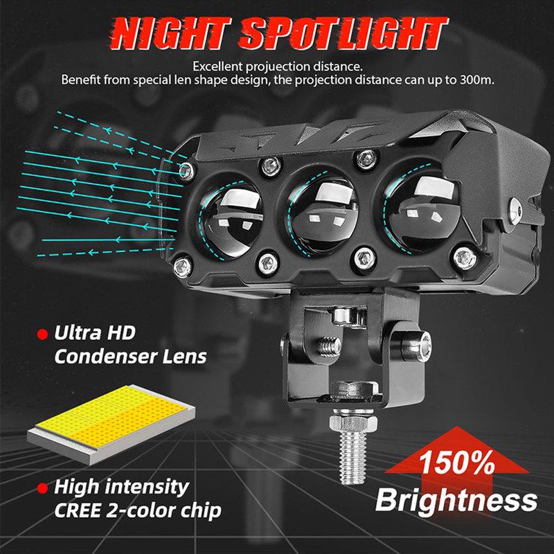 3 Lens Motorcycle LED Spotlight Dual Color Hi/Low Beam Fog Lamps for Car Trucks SUV UTV 12V 24V Lens led Headlight Driving Light