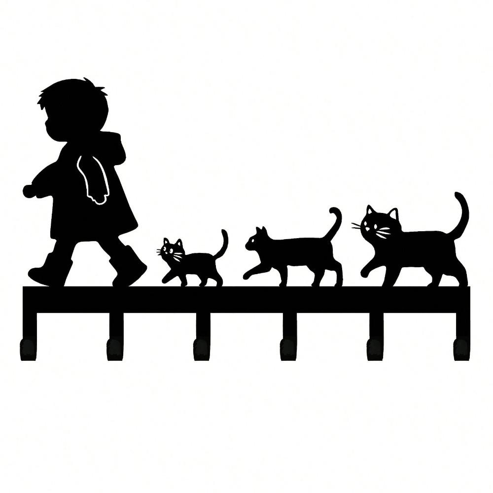 Cute Cat Key Holder Black Metal Wall Mount Home Decor