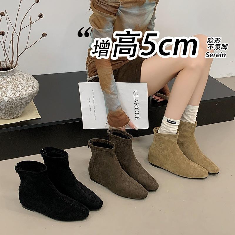 Skinny Autumn Small Beautiful Woman Inner Height Increase French Rad Short Boots Women's Short Boots Black No New Naked Boots Fashion