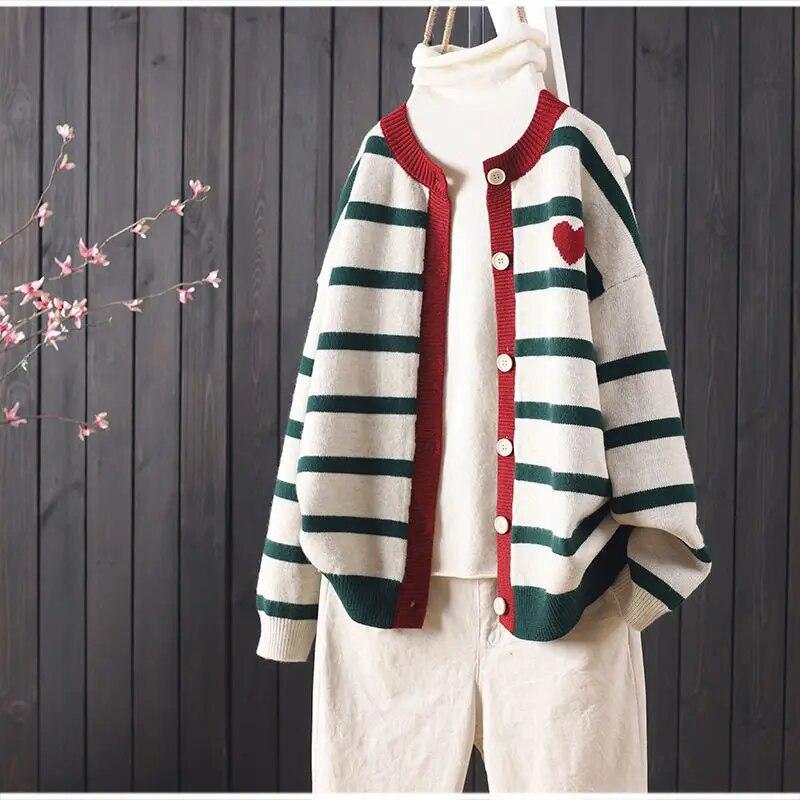 Autumn Winter New Versatile Stripe Color Block Button Round Neck Knitted Cardigan Women Core Yarn Long Sleeved Commuter Sweater