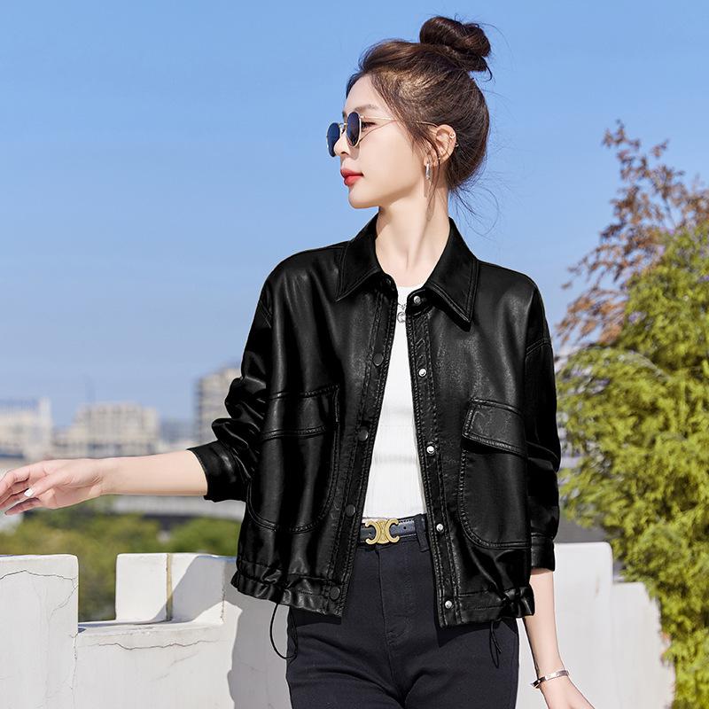 

Женская весенняя куртка 2025 года приталенного кроя с лацканами из мягкой кожи - Высокая мода XXL