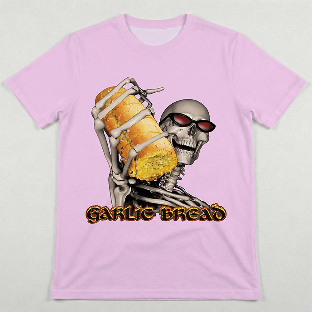 Garlic Bread Funny Meme Graphic T-Shirt Men's Women's Skull Pattern Print Tee Y2K Streetwear Fun Short-Sleeve Top