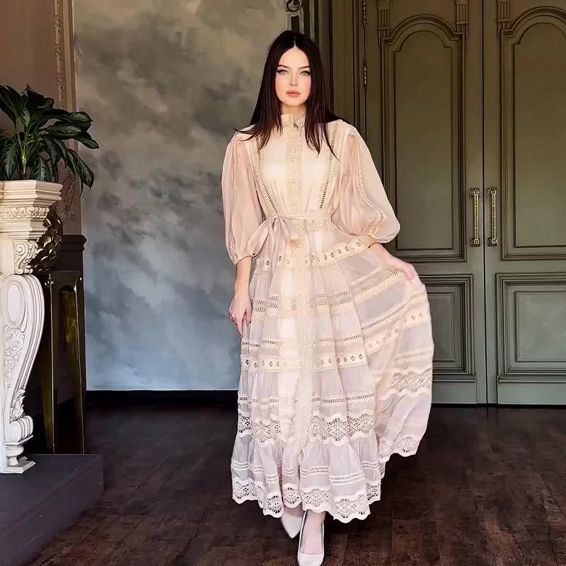 2024 Elegant Solid Color Lace Splicing Swing Maxi Dress