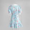 Summer French Style V-neck Puff Sleeve Waist Cinched Printed Ruffle Short Dress for Women