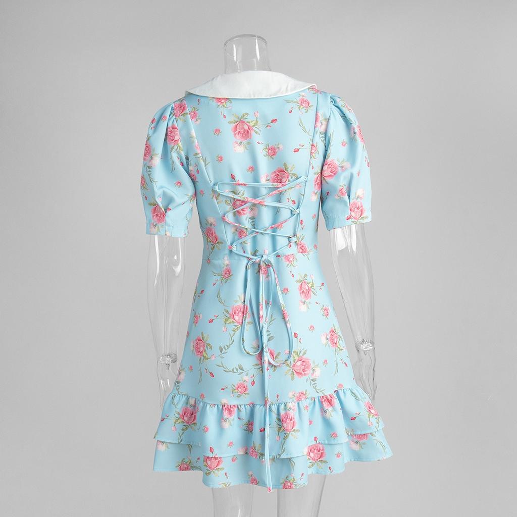 Summer French Style V-neck Puff Sleeve Waist Cinched Printed Ruffle Short Dress for Women