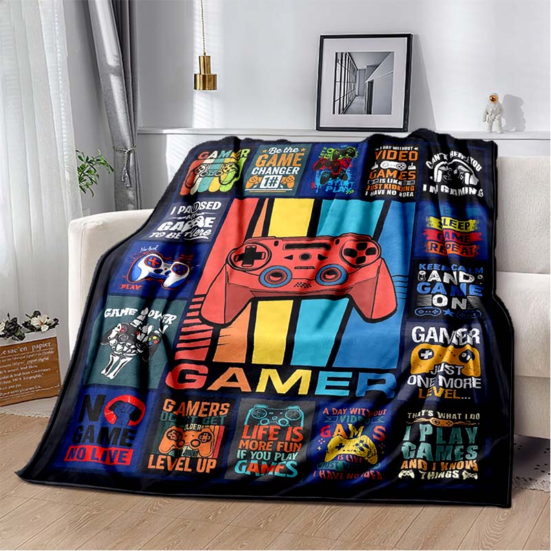 Gamer Quotes and Controller Print Flannel Blanket, Retro Video Game Throw Blanket 80cm x 120cm