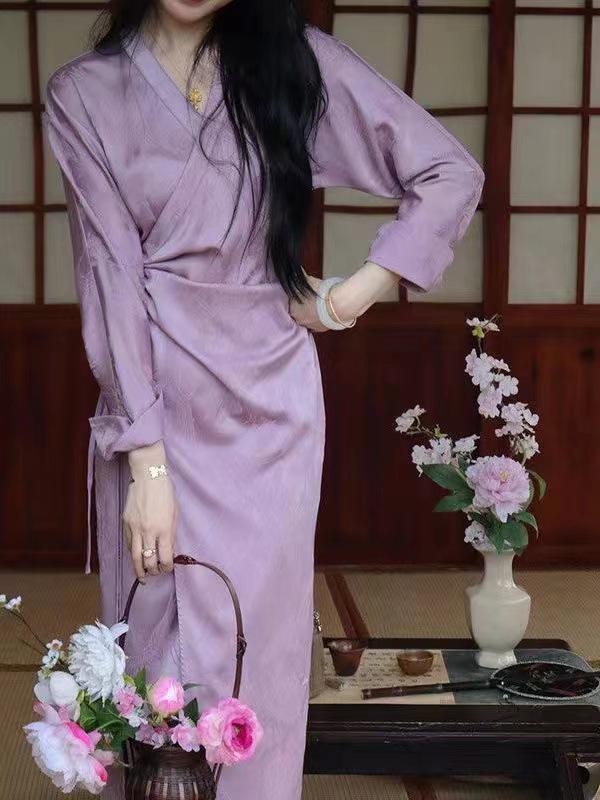 In Stock Spring/Summer 2026 High-End Chinese Style Qipao Dress with Diagonal Tie for Women