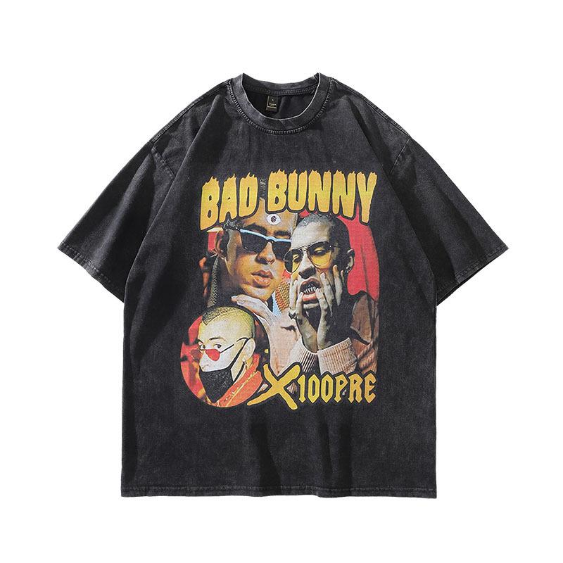 American Retro Hiphop Direct Injection Printing Heavy Vintage Washed Old Hip Hop Trendy Brand Short-Sleeved T-Shirt