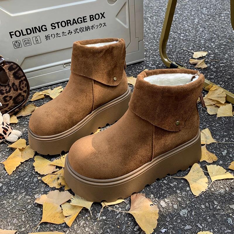 Fashion Winter New Thick Snow Boots Women's Round Head Suede Rivet Back Zipper Anti-slip Wear-resistant Short Boots