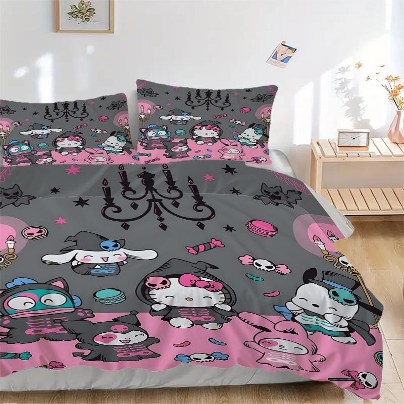 

3pcs cartoon Kitty & Friends Halloween Adventure Bedding Set - 1 Soft Quilt Cover + 2 Pillowcases, Machine Washable - Suitable for All Seasons, H028 135x200cm