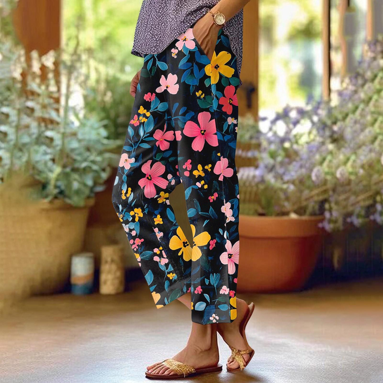 

Women s Fashionable Floral Print Straight Leg Pocket Elastic Waist Casual Pants Pants XL