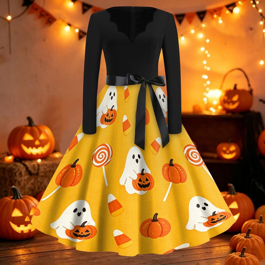 Damen Vintage Halloween Print V-Ausschnitt Kleid - Lässiges Langarm Retro Party Outfit