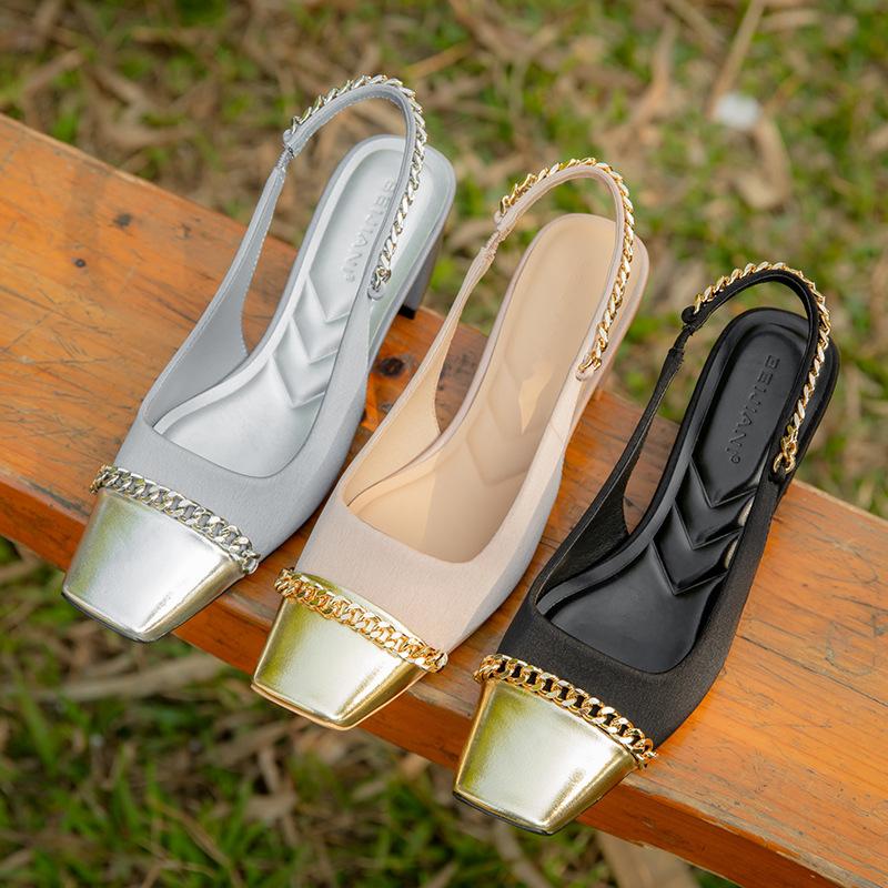 Retro chain splicing Mary Jane shoes women's thick heel square head sandals outer wear color matching single shoes summer