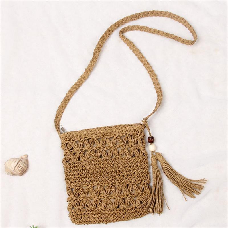 Borsa a Spalla in Paglia Casual da Spiaggia Borsa a Tracolla da Donna Borsa a Mano Versatile Forma Quadrata Borla Borsa in Rattan Intagliata Moda Alta Qualità