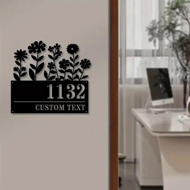 Personalized Iron Address Sign with Floral Design and Custom Street Name
