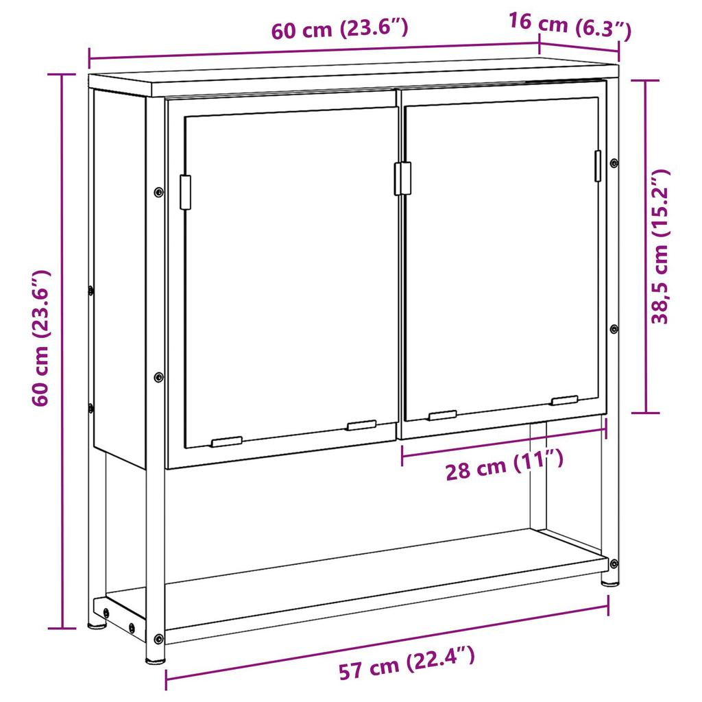 Spiegelschrank im Badezimmer, Doppeltüren, 2-stufiger Stauraum mit offenen Regalen, Ausstellungsfläche, handwerkliche Eiche 60x16x60 cm, Verbundholz