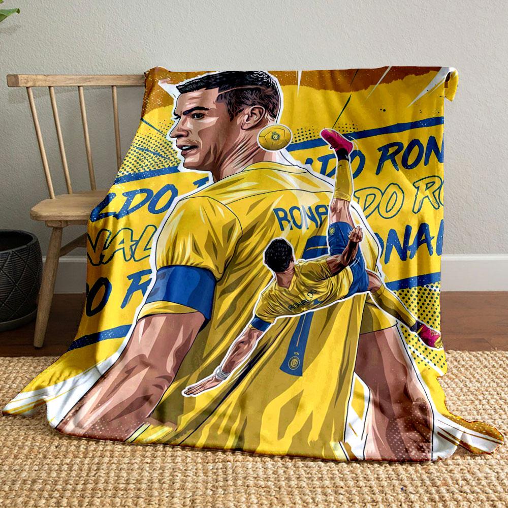 A dynamic soccer-themed illustration with bold yellow and blue colors. for all seasons blanket lunch break throw gift