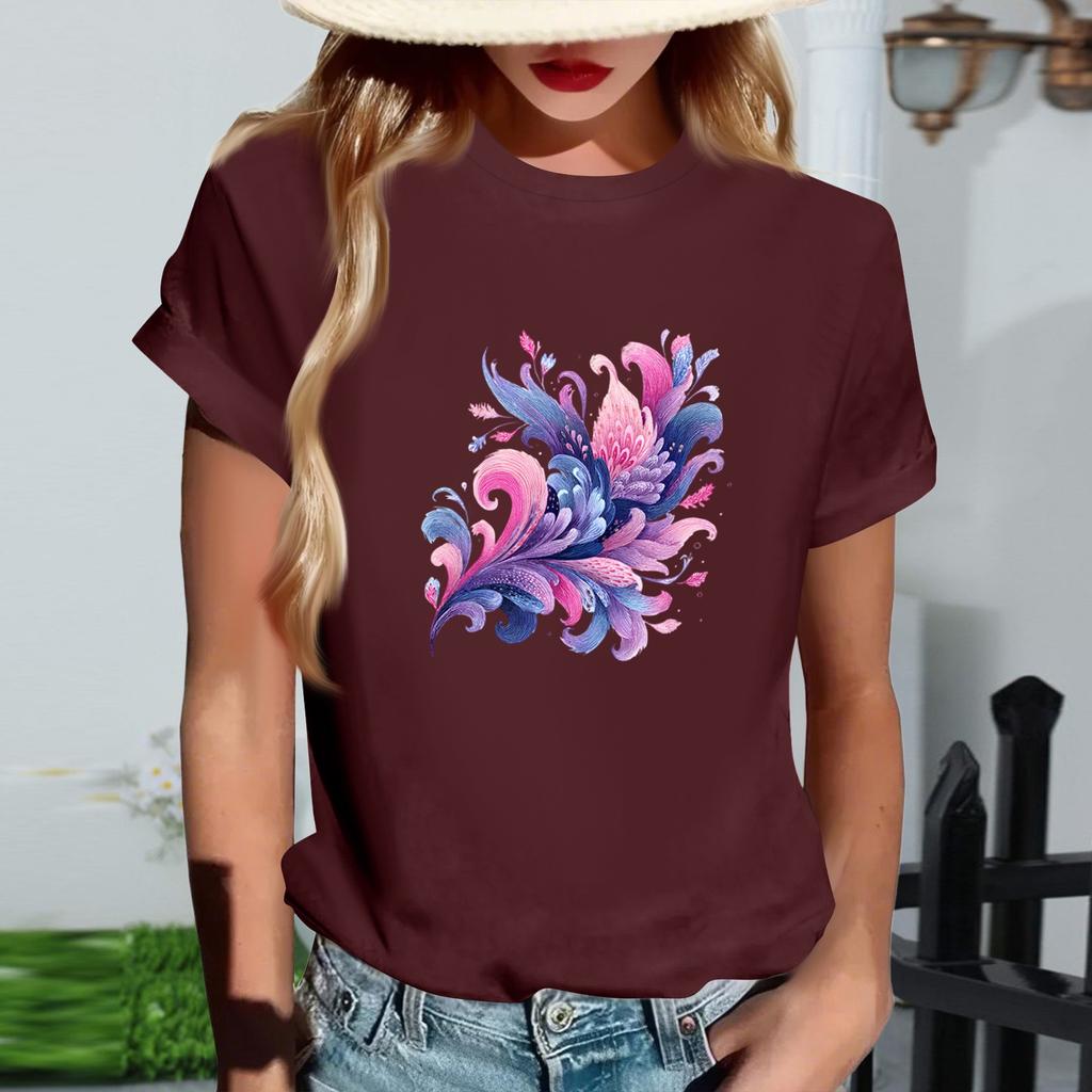 Women's Fashionable Round Neck Casual Retro Print Short Sleeved T-shirt Top