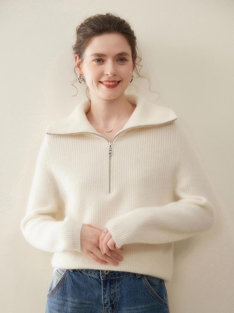 Women's Ribbed Knit Cashmere Lapel Half-Zip Sweater - Thick, Warm, Versatile, Loose Fit (2025)