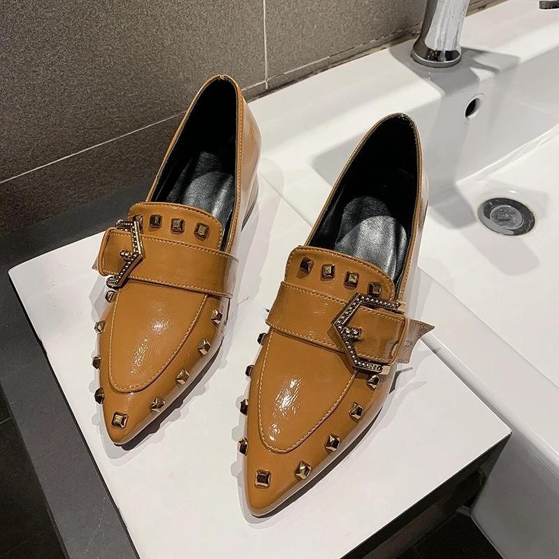 Women's Spring New Slip-on Single Shoes Pointed Toe Block Heel Rivet Metal Buckle Simple Kitten Heel Shoes
