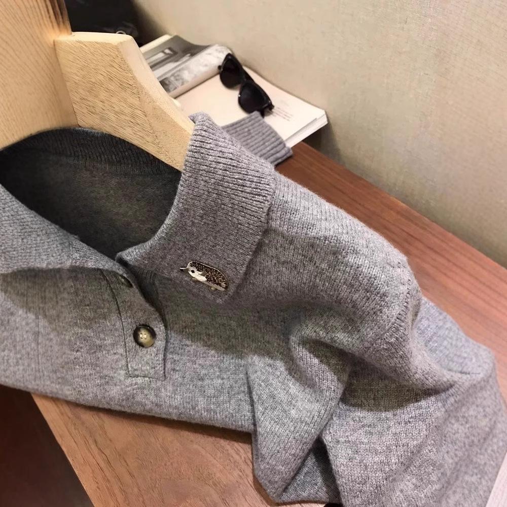 Celebrity Style Hedgehog Embroidery Cashmere Polo Collar Knitwear Women's Spring Autumn Loose Sweater Base Layer Wool Sweater