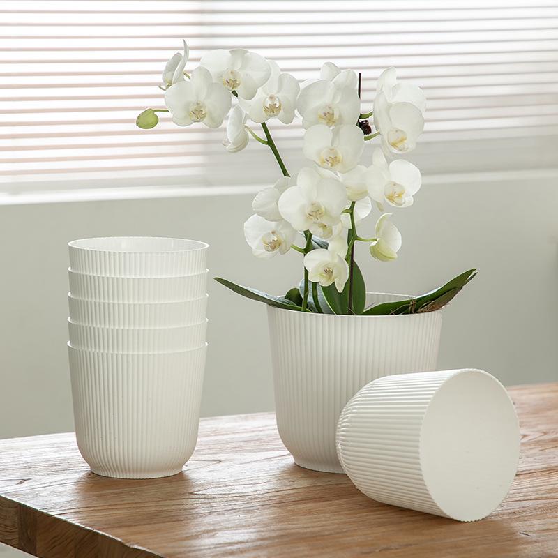 Nordic Thickened Lazy Desktop Vertical Stripe Round Pot: Phalaenopsis & Tiger Pothos Plastic Hydroponic Anti-Ceramic Flower Pot