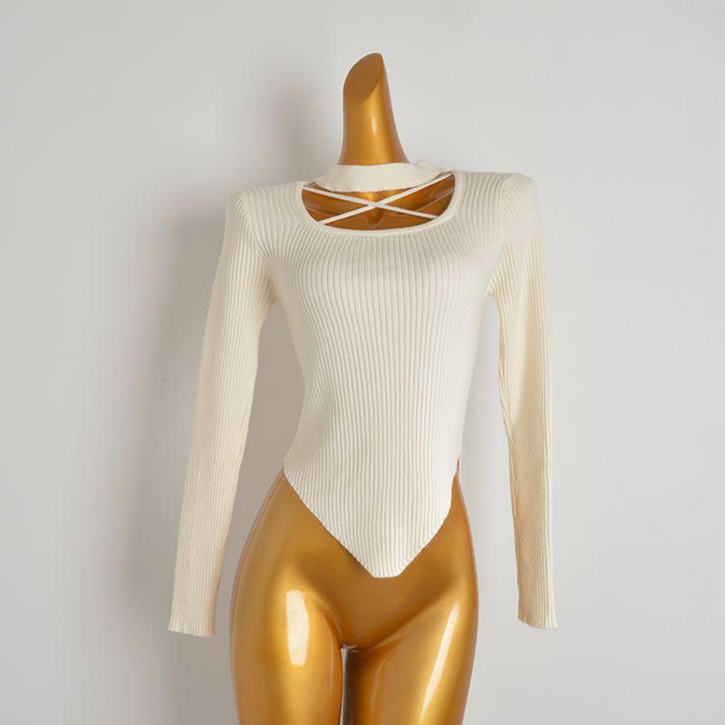 Fall and Winter New Arrival Fashion Halter Pullover Cut Out Bottoming Shirt for Women Silm Long Sleeves Knitwear Easiest for Match Irregular Top