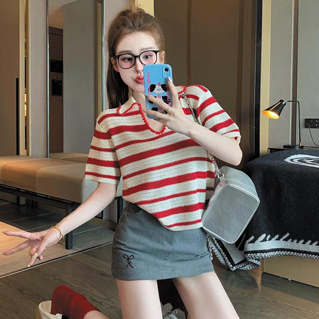 Striped Shoulder Versatile Casual Knitted Short-Sleeved T-Shirt for Women