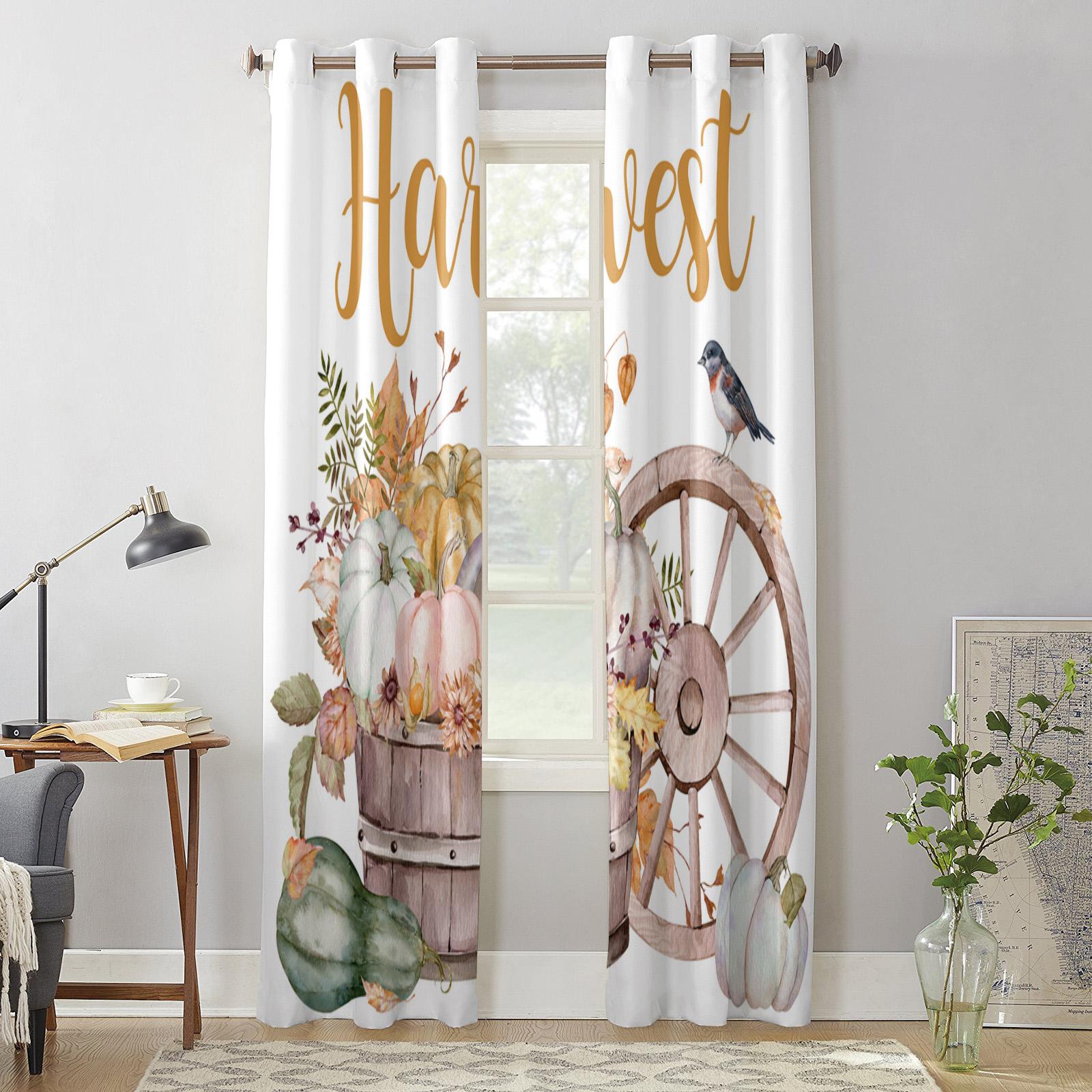 Роскошные оконные занавески на День благодарения с тыквой и листьями для гостиной — фото 3