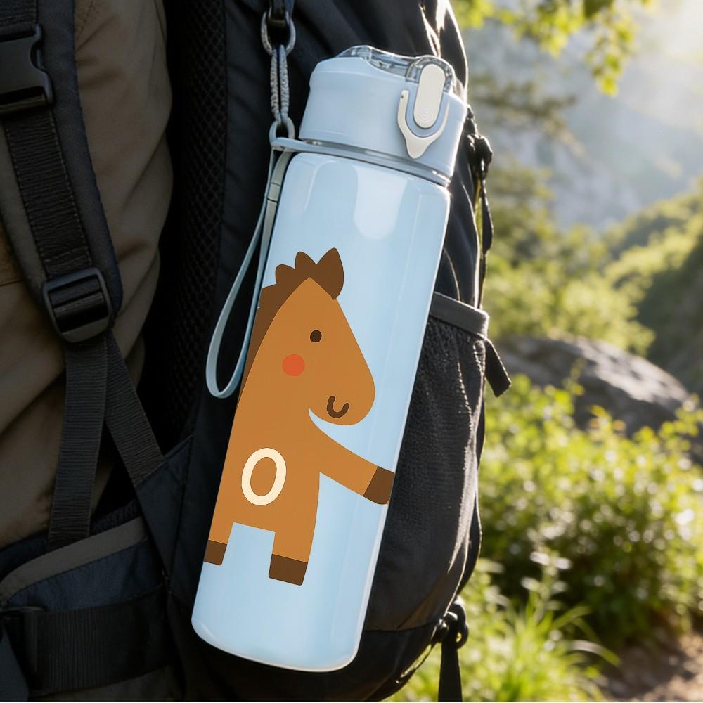 1PC Two Brown Horse Cartoon Print 750ml Color Plastic Sports Water Bottle Leakproof Flip Straw Lid Suitable for Sports Office Home Use
