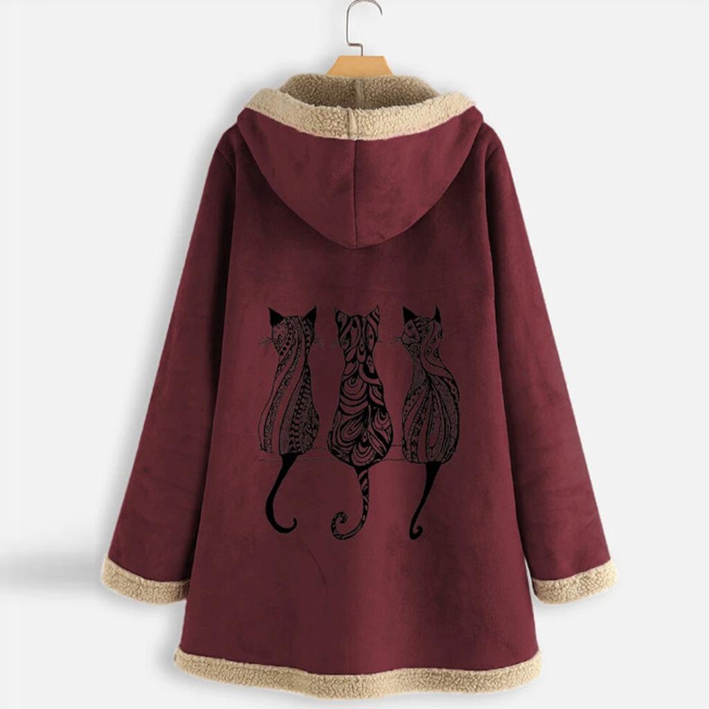 Women Vintage Cat Print Fleece Hooded Zipper Plus Size Long Sleeve Thick Coat