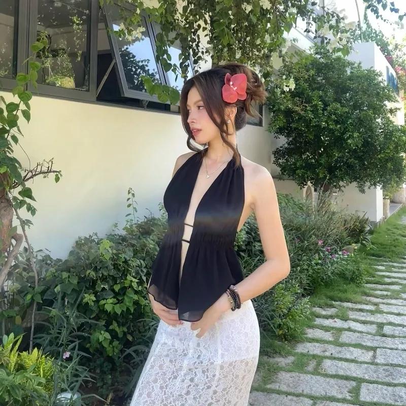 Women's Black Halter Deep V Neck Cutout Lace-Up Peplum Chiffon Cami Top