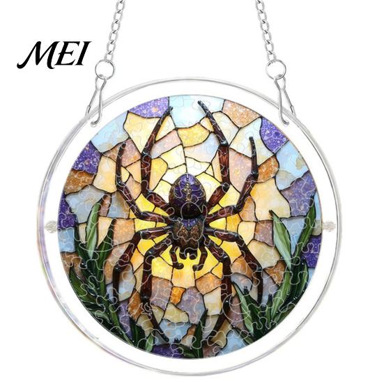 Decorative Glass Effect Pendant Halloween Acrylic Puzzle Window Suncatcher, Stained Style Hanging Ornament Retro Skeleton Pumpkin Crow with