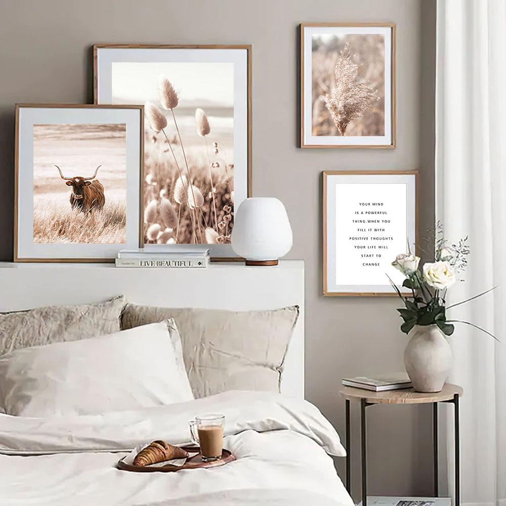 Beige Natural Wall Art Canvas Poster Print Reed Dandelion Grass Cow Canvas Painting Wall ArtPictures for Living Room Decorative