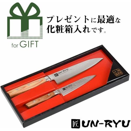 Shimomura Kogyo, Made in Japan, Damascus Unryu Santoku Knife (170mm), Petty Knife (125mm), and Two-Knife Set (170mm), VG-10 33-Layer, Elegant Haze Pat