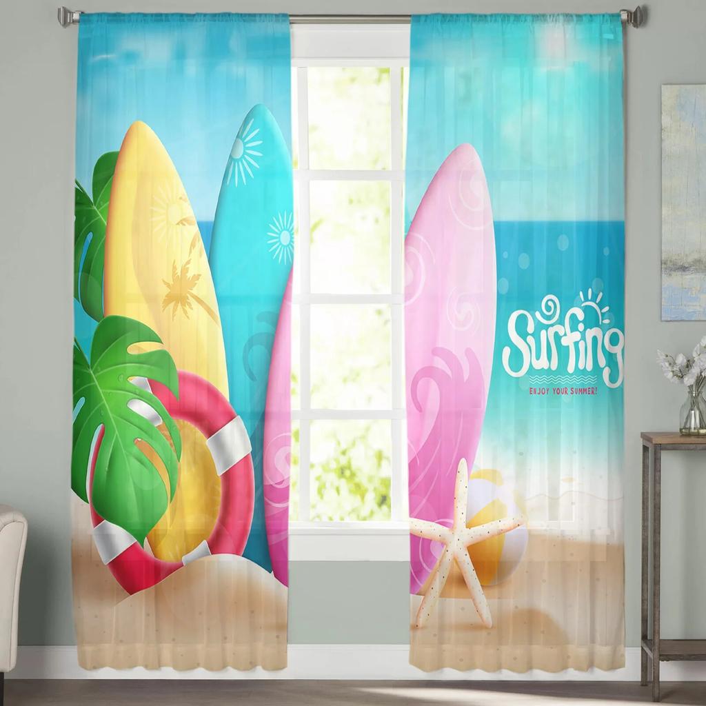 Summer Beach Starfish Surfboard Sheer Curtains for Living Room Bedroom Decoration Chiffon Tulle Voile Kitchen Window Curtain