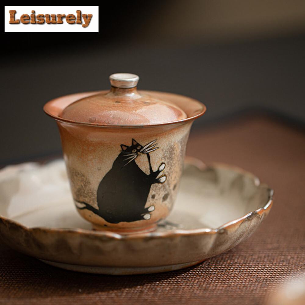 100ml Hand-painted Silver Kiln Change Gaiwan Wood-fired Porcelain Zhiye Cat Tea Tureen Tea Making Cover Bowl Tea Drinkware Gift