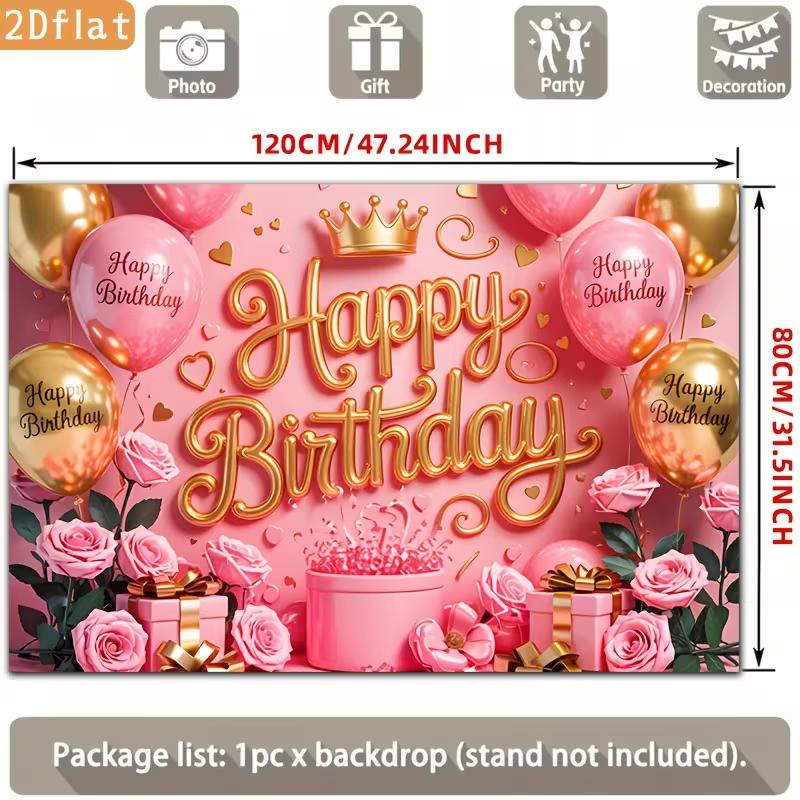 2D Sweet Pink Gold Birthday Backdrop Banner Princess Themed Happy Birthday Party Decor Background