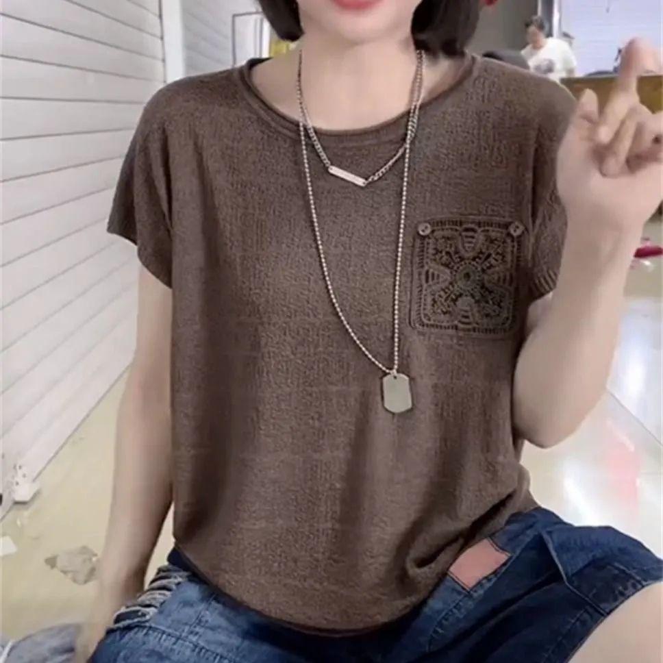 

New short-sleeved ice silk knitted sweater T-shirt women s summer hook-up large size loose and thin hollow top versatile casual one size fits all [ne1] кавовий