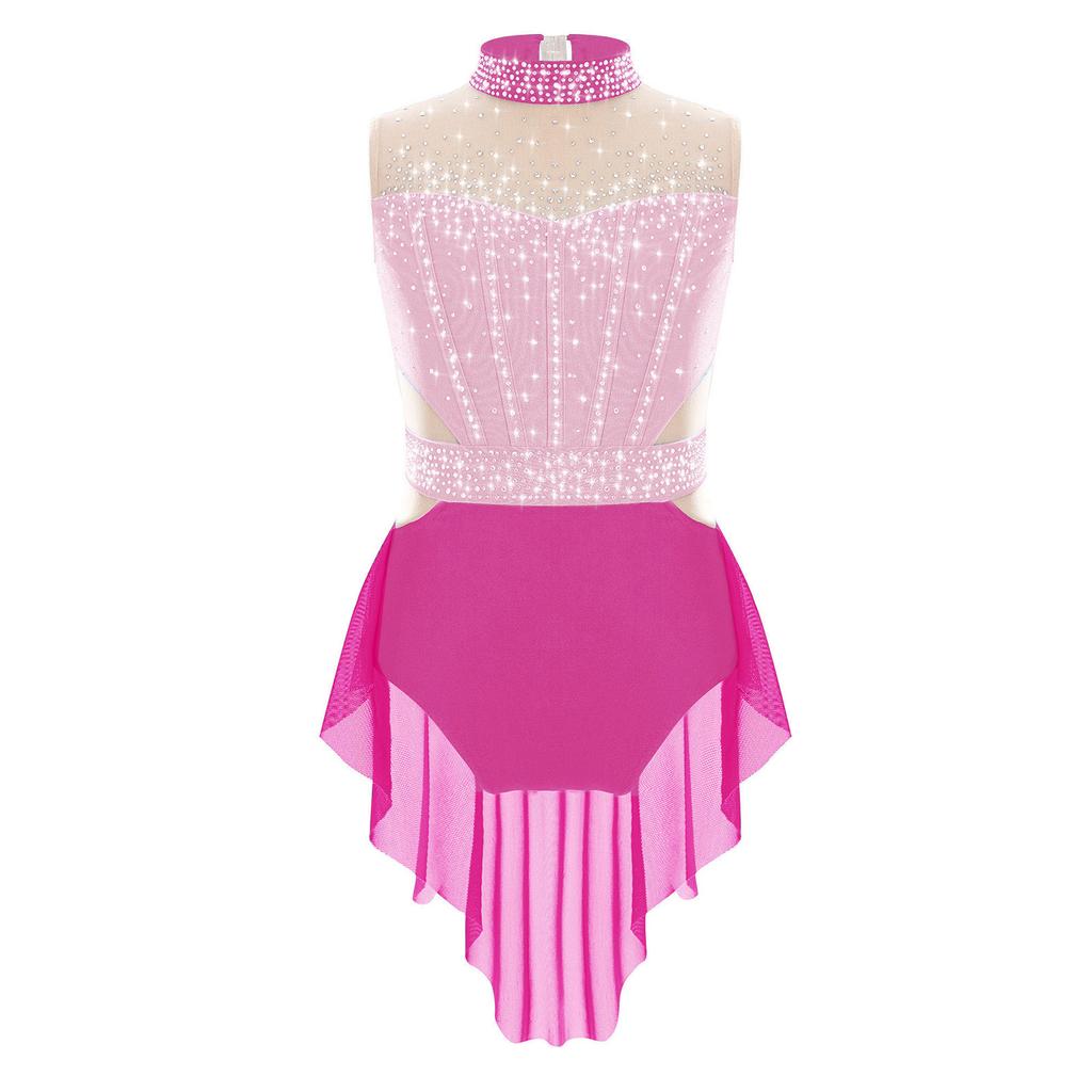 Girls Mock Neck Sleeveless Shiny Rhinestones Color Block Mesh Patchwork Skirted Leotard Lyrical Dance Costume