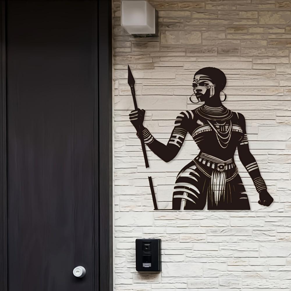 African Warrior Woman Spear Metal Wall Sculpture Black Painted Iron Tribal Art for Living Room Porch Wedding Decor Easy Install Sturdy Cultural Gift