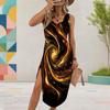 Women Plus Size U Neck Sleeveless Abstract Printed Dress Red Black High Side Slit Curved Hem