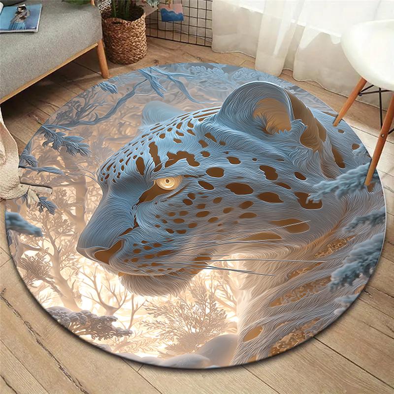 Stone Carving Leopard and Dragon Round Area Rug,Carpet Rug for Living Room Bedroom Sofa Playroom Decor,Non-slip Floor Mat